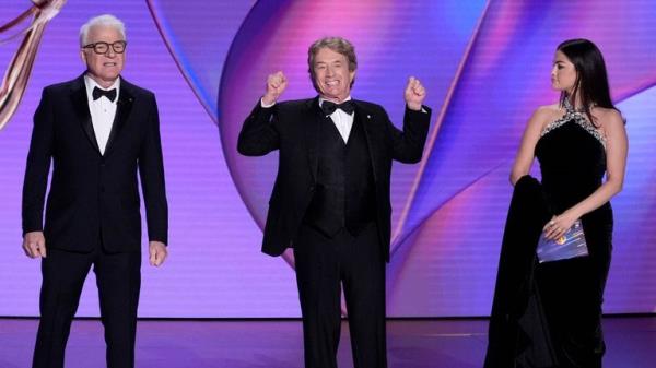 Steve Martin, from left, Martin Short, and Selena Gomez present the award for outstanding supporting actor in a comedy series during the 76th Primetime Emmy Awards on Sunday, Sept. 15, 2024, at the Peacock Theater in Los Angeles. (AP Photo/Chris Pizzello)