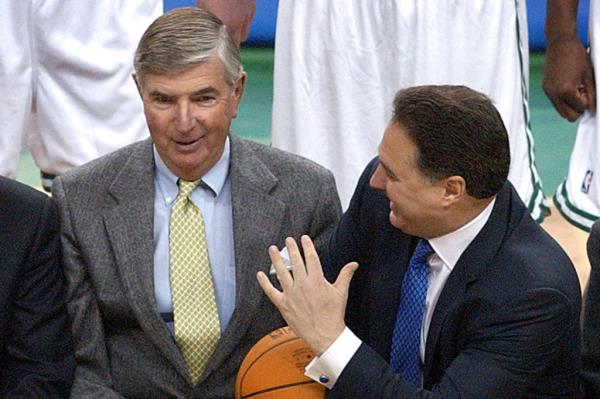 Irving Grousbeck on the court with his fellow co-owners.